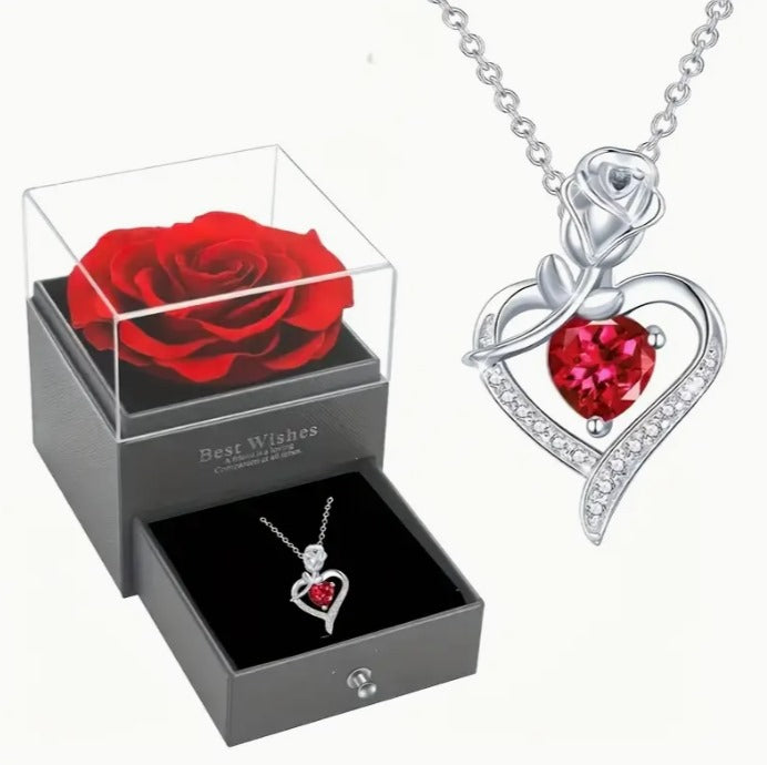 Caja de regalo de rosa roja eterna con corazón de cristal y colgante de rubí